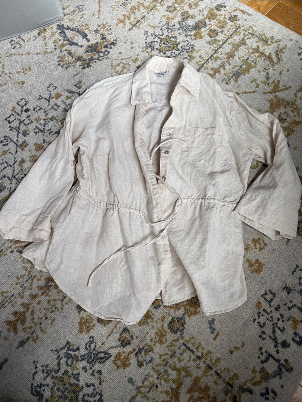 Harve Benard Light Beige Linen Drawstring Button Down Top | Sz L